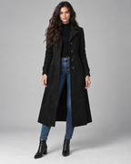 Women's Suede Long Coat – Notched Lapel Button Front Tailored Fit