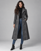 Women's Suede Long Coat – Notched Lapel Button Front Tailored Fit