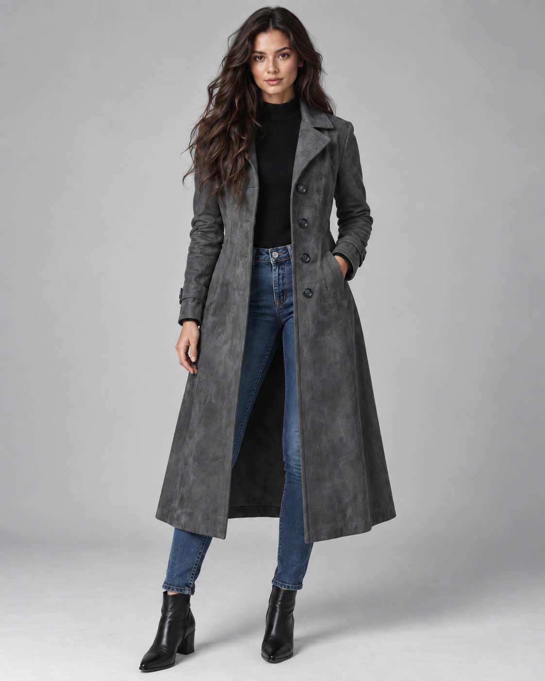 Women's Suede Long Coat – Notched Lapel Button Front Tailored Fit