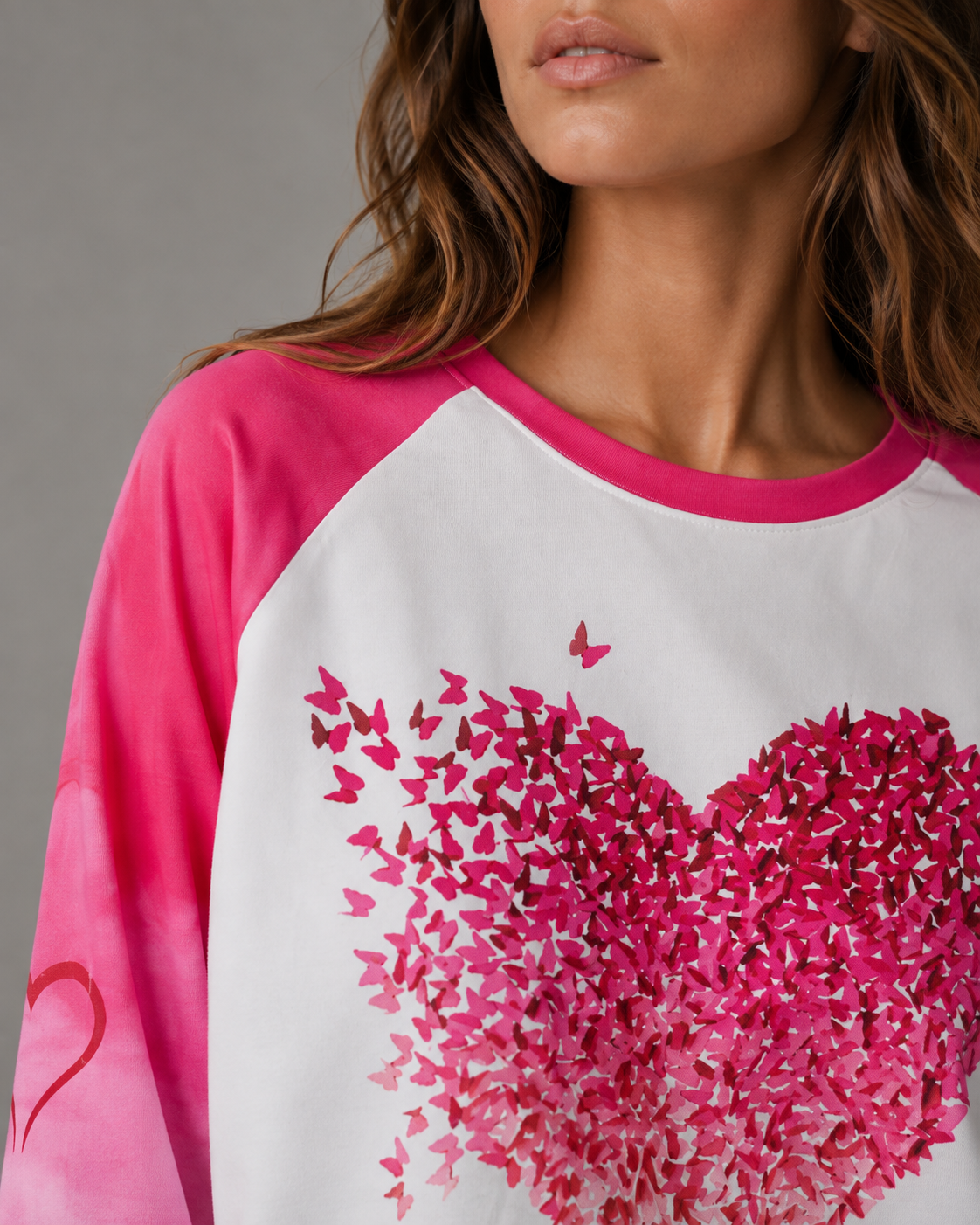 Women's Sweatshirt - Pink Butterfly Heart Raglan