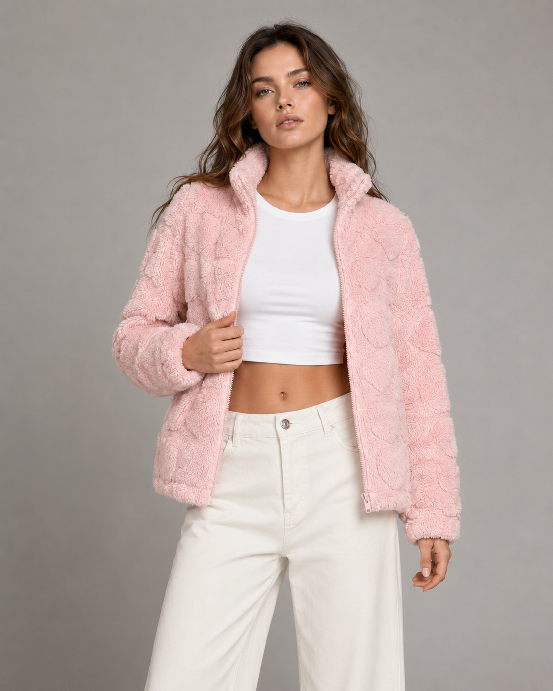 Women's Teddy Fleece Zip-Up Jacket - Pink Heart Print