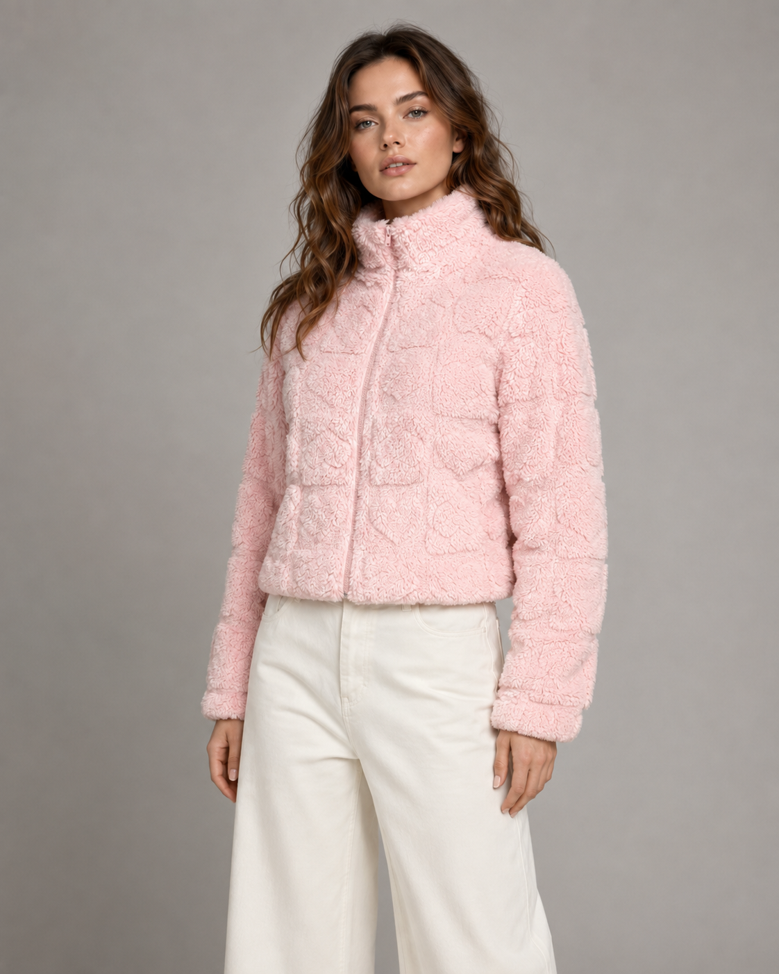 Women's Teddy Fleece Zip-Up Jacket - Pink Heart Print