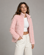 Women's Teddy Fleece Zip-Up Jacket - Pink Heart Print