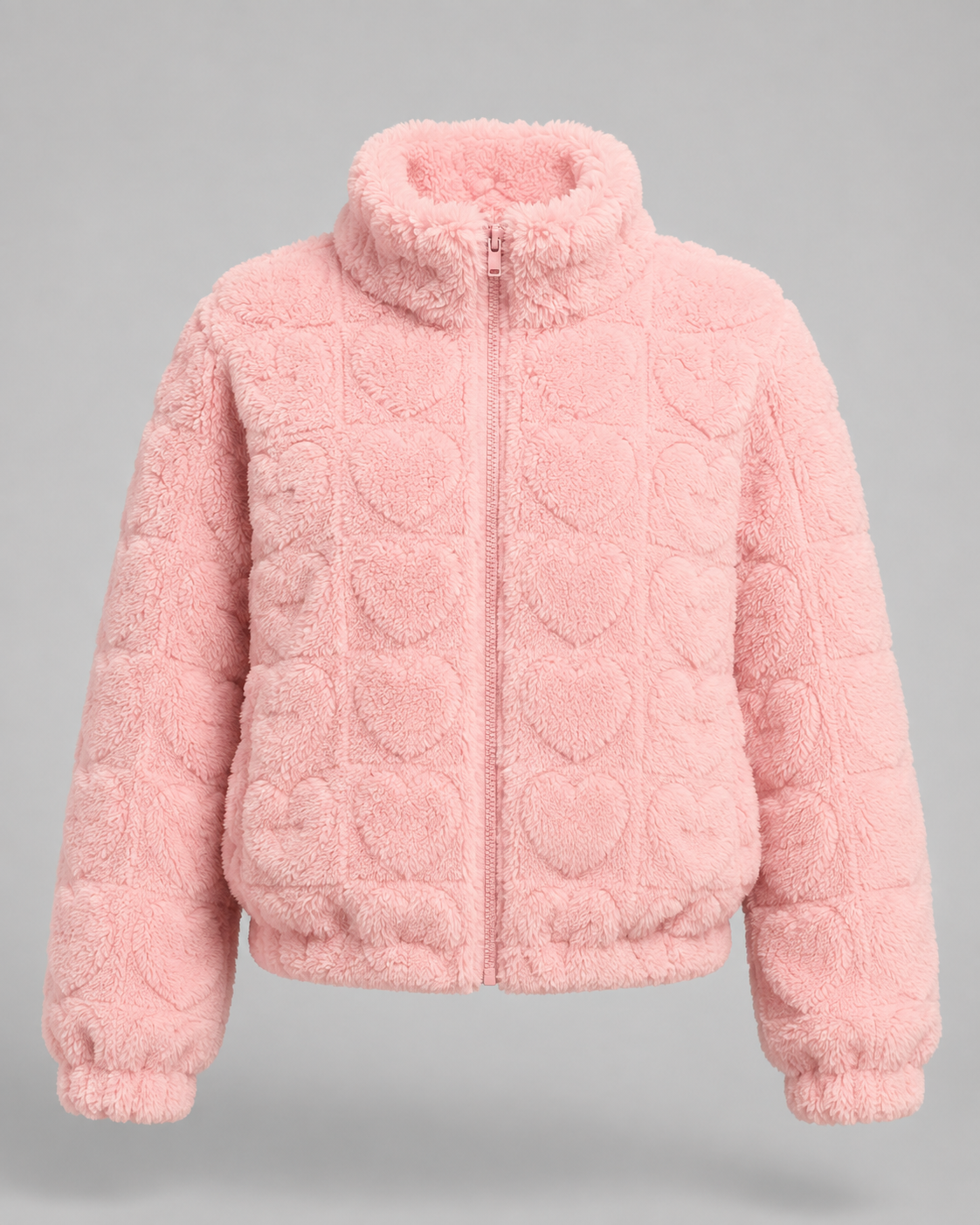 Women's Teddy Fleece Zip-Up Jacket - Pink Heart Print