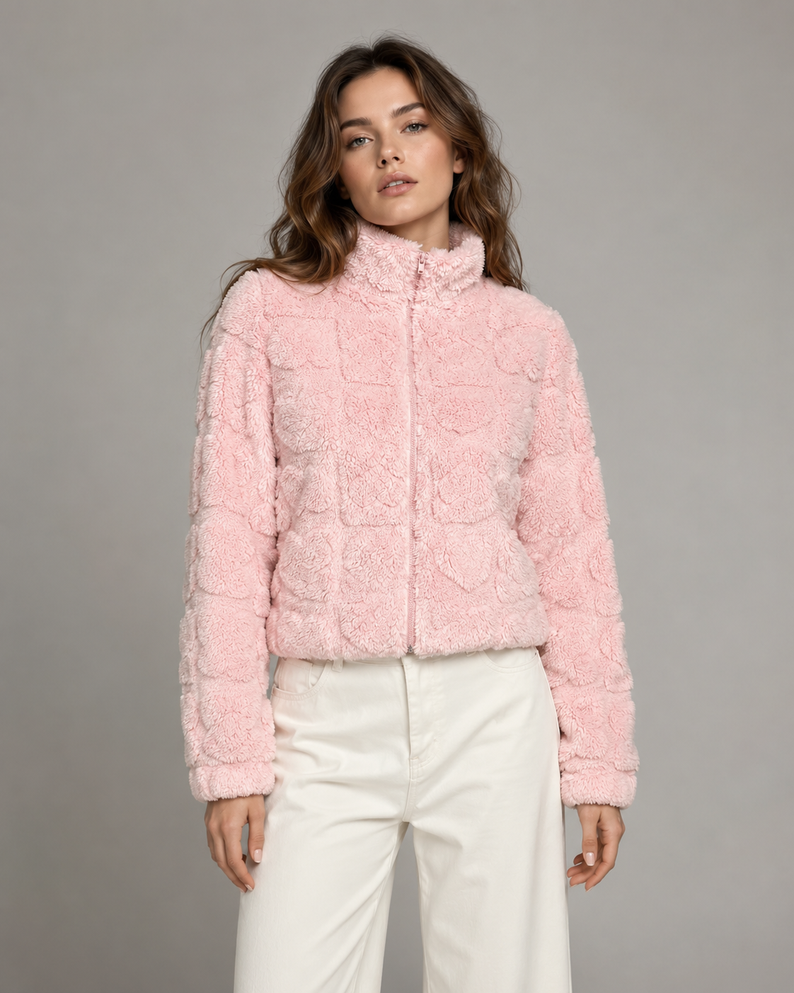 Women's Teddy Fleece Zip-Up Jacket - Pink Heart Print