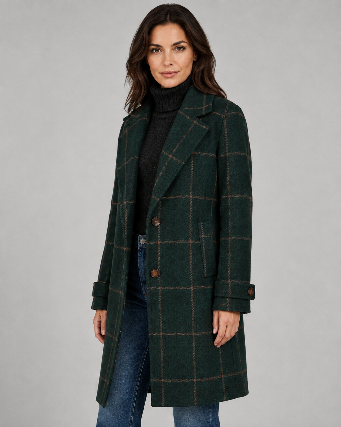 Women's Windowpane Check Tailored Long Winter Coat
