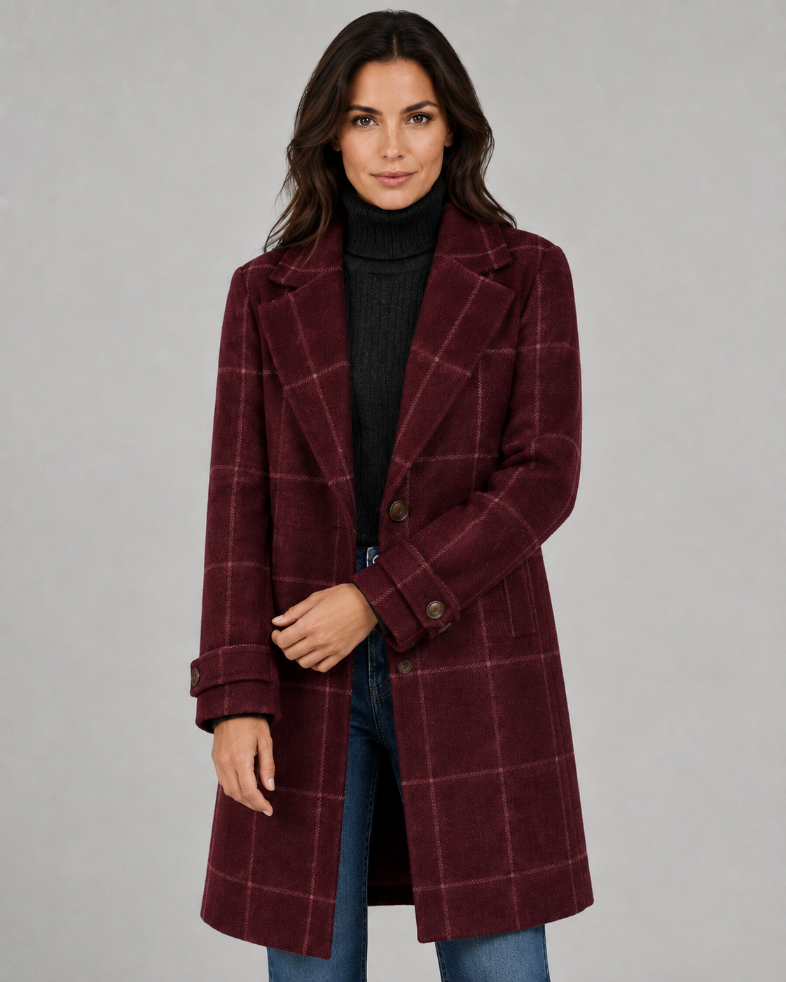 Women's Windowpane Check Tailored Long Winter Coat