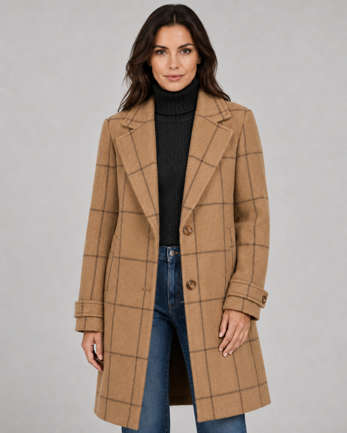 Women's Windowpane Check Tailored Long Winter Coat