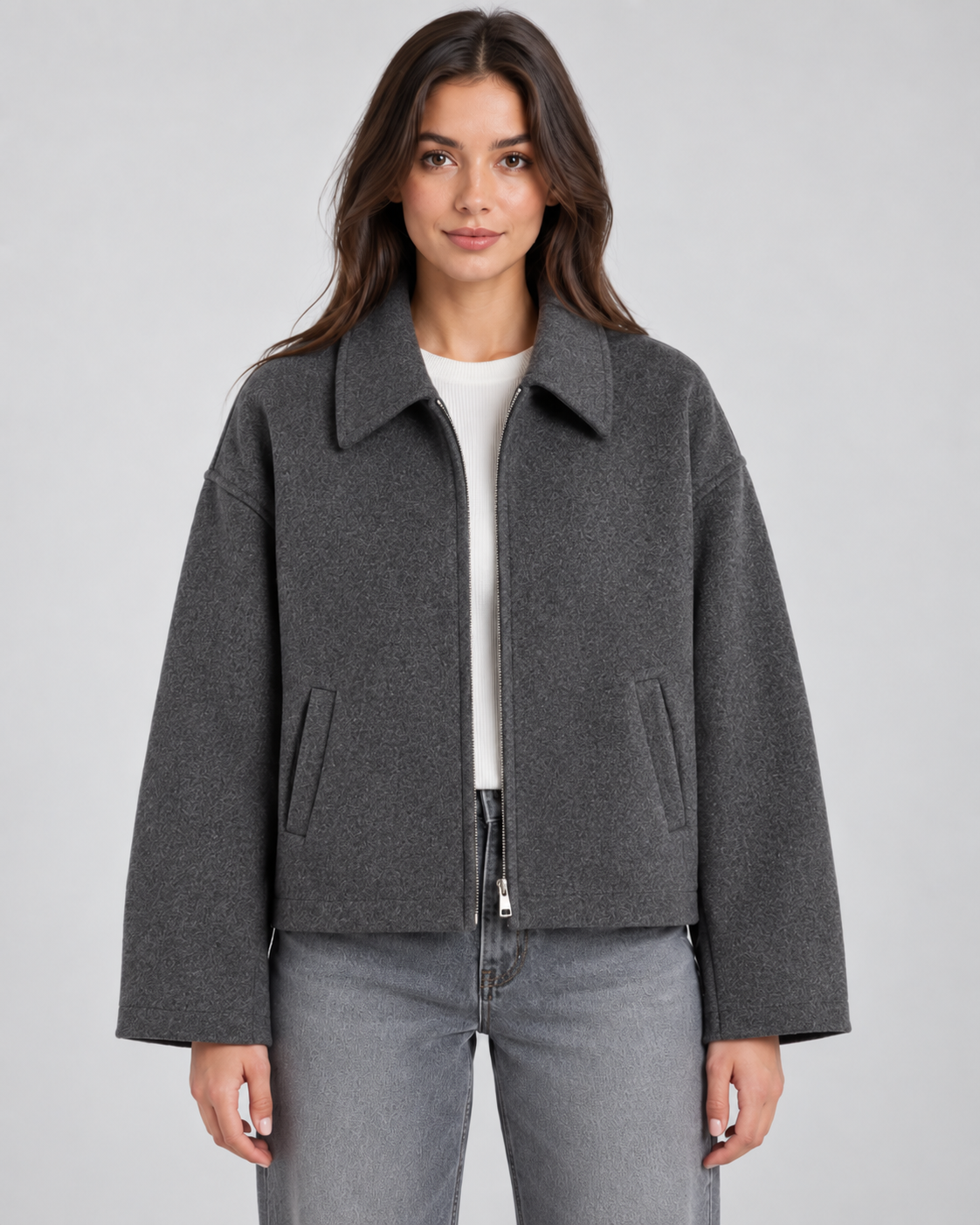 Women's Zip Jacket - Wool-Look Point Collar