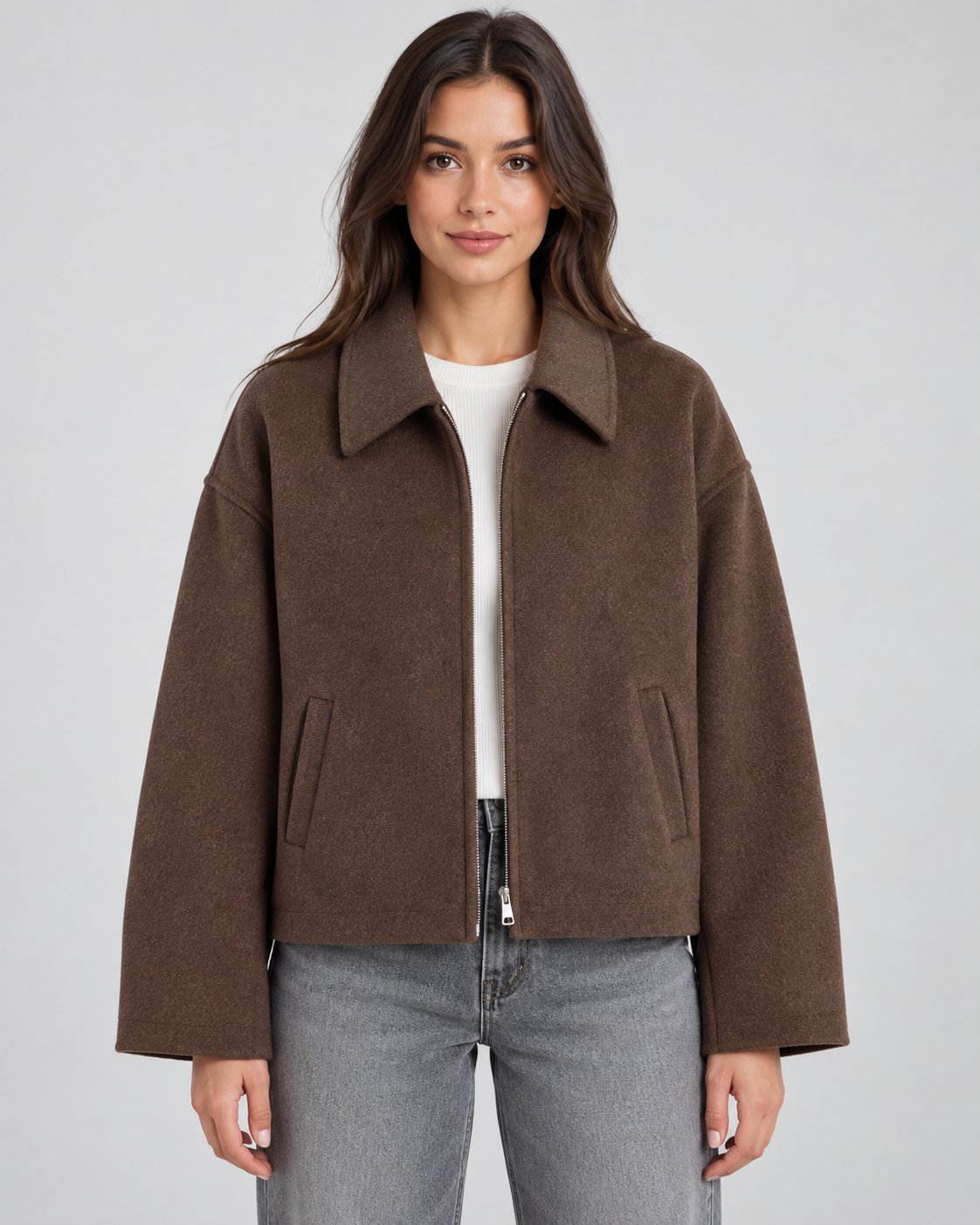 Women's Zip Jacket - Wool-Look Point Collar