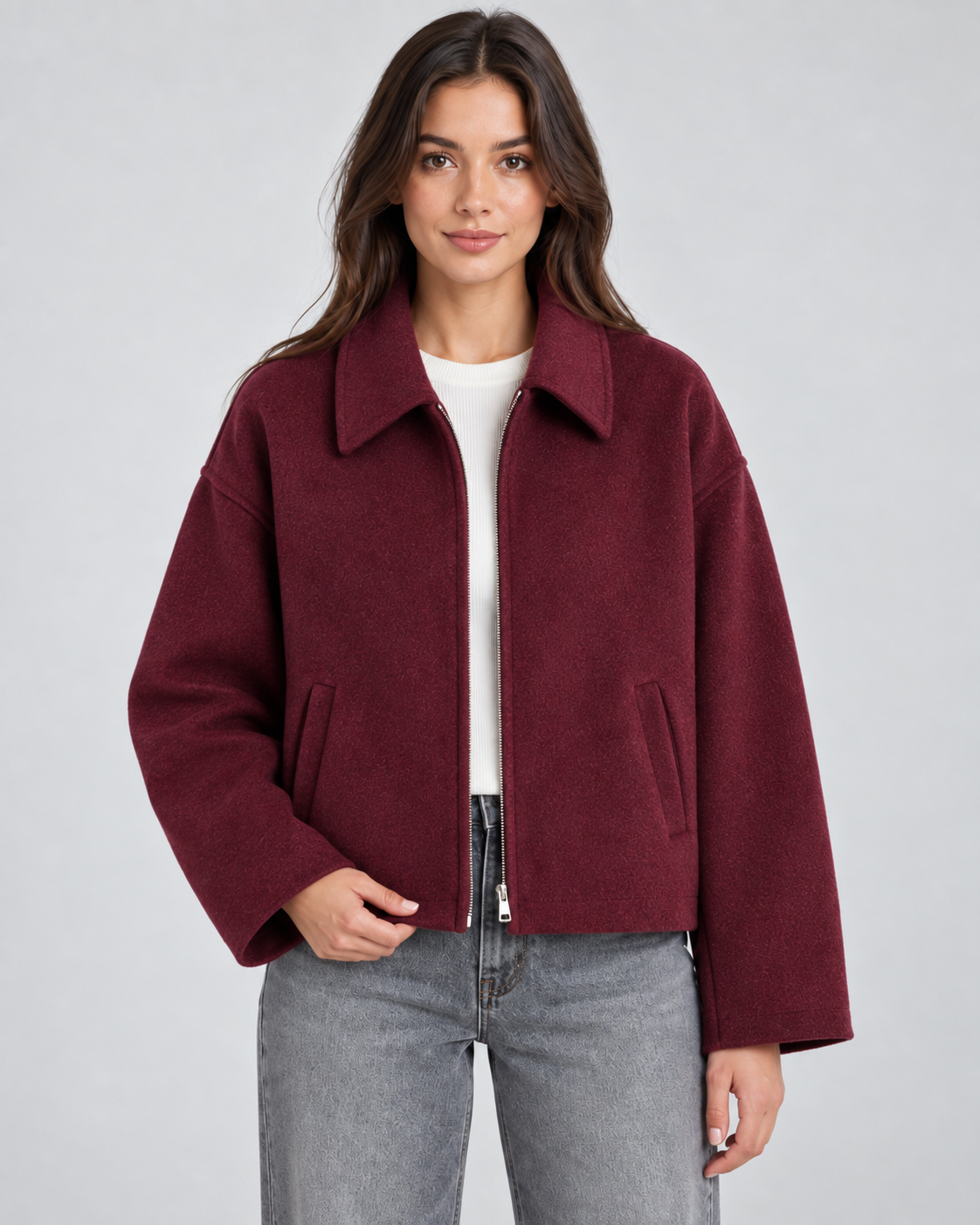 Women's Zip Jacket - Wool-Look Point Collar