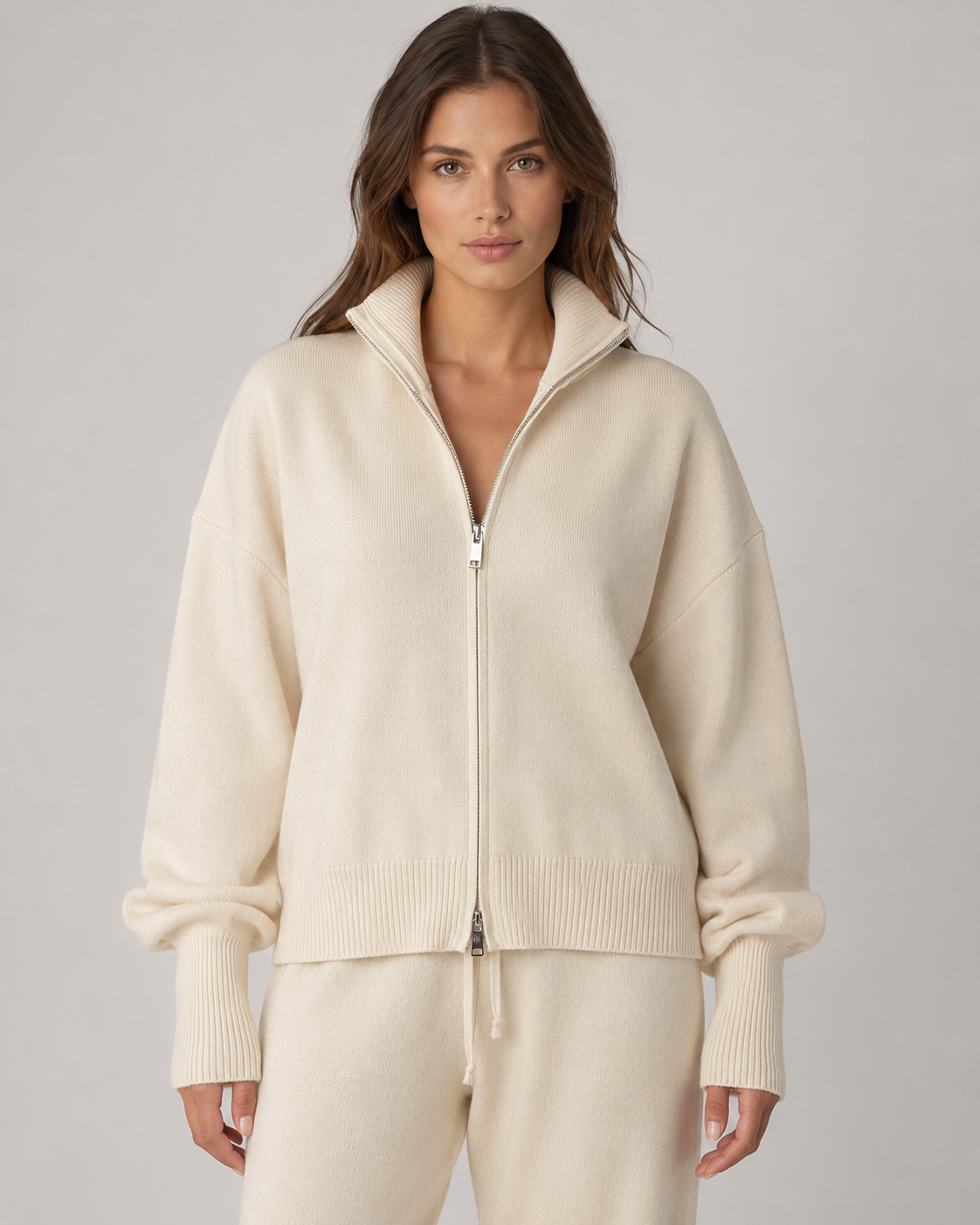 Women's Zip-Up Knit Cardigan Funnel Neck